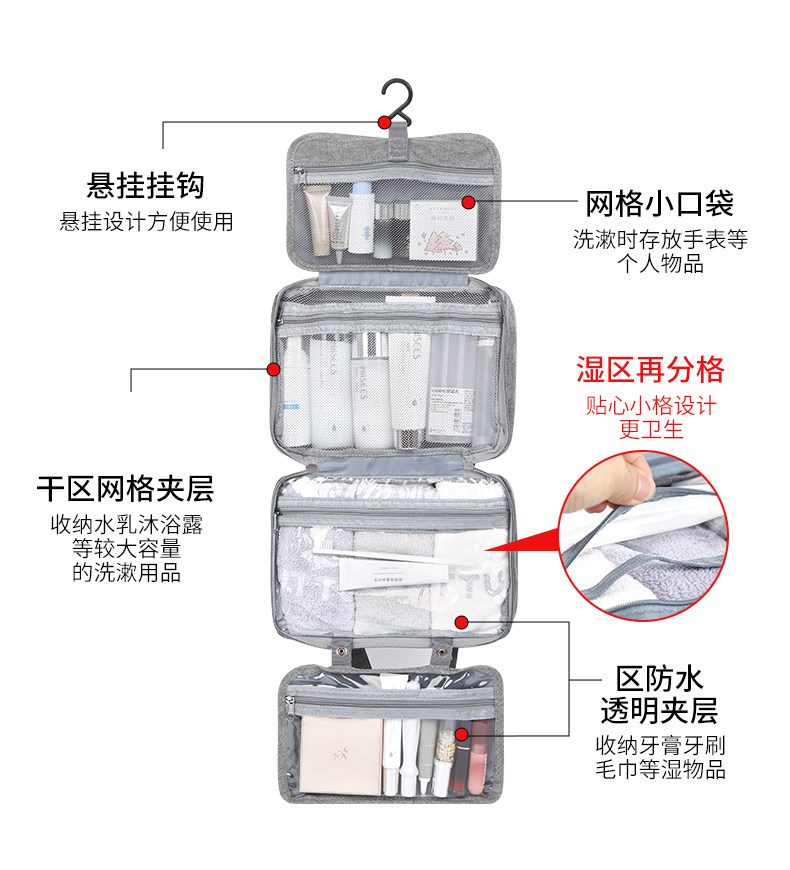 旅行多功能大容量化妆收纳包 干湿分离便携式挂钩出差防水洗漱包 detail image 1